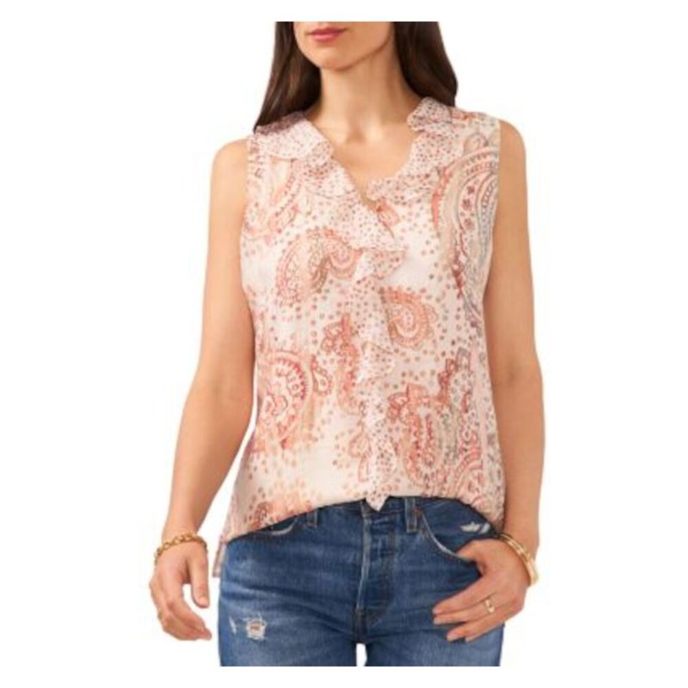 VINCE CAMUTO Womens Beige Lined Sleeveless V Neck Wear To Work Blouse XXS